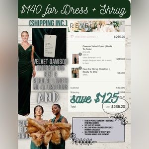 Revelry Bridesmaid Dress Size 6 Emerald 613 Velvet Dawson with Faux Fur Shrug